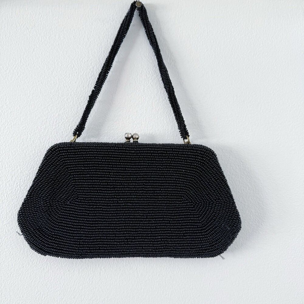 Vtg Black Beaded Evening Bag Purse Richere Bag by Walborg 1960s Made In Japan - Picture 8 of 16
